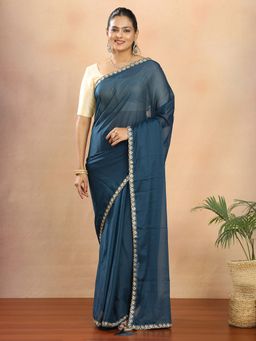 Hella Fashions - Tissue Solid Lace Work Teal Saree With Unstitched Blouse