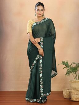 Hella Fashions - Tissue Solid Lace Work Green Saree With Unstitched Blouse