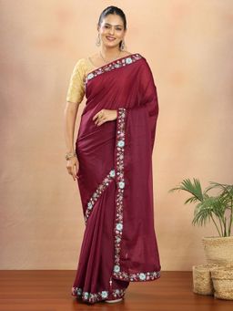 Hella Fashions - Tissue Solid Lace Work Maroon Saree With Unstitched Blouse