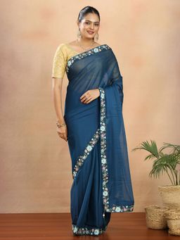 Hella Fashions - Tissue Solid Lace Work Teal Saree With Unstitched Blouse