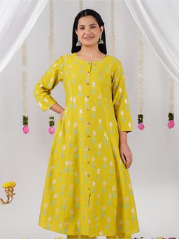 ARAMYA - Women Mustard Silk Blend Round Neck Printed Kurta