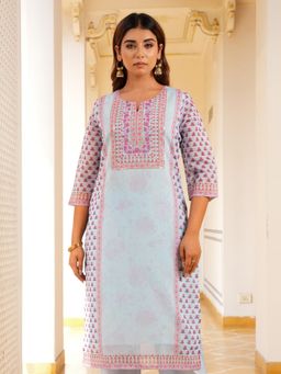 ARAMYA - Women Blue Chanderi Round Neck Printed Kurta
