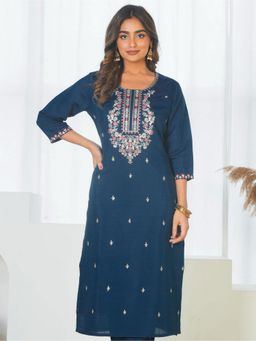 ARAMYA - Women Teal Silk Blend Round Neck Thread Work Kurta