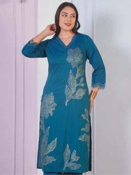 ARAMYA - Women Teal Silk Blend V-Neck Printed Kurta