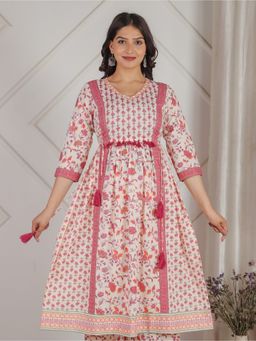 ARAMYA - Women Off White Pure Cotton V-Neck Printed Kurta