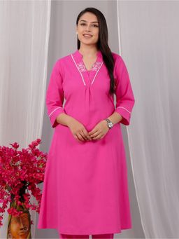 ARAMYA - Women Pink Pure Cotton V-Neck Thread Work Kurta