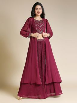 MADHURAM - Embroidered Wine Lehenga With Choli And Shrug