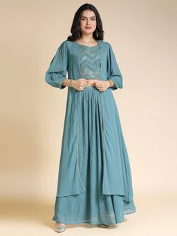 MADHURAM - Embroidered Teal Lehenga With Choli And Shrug