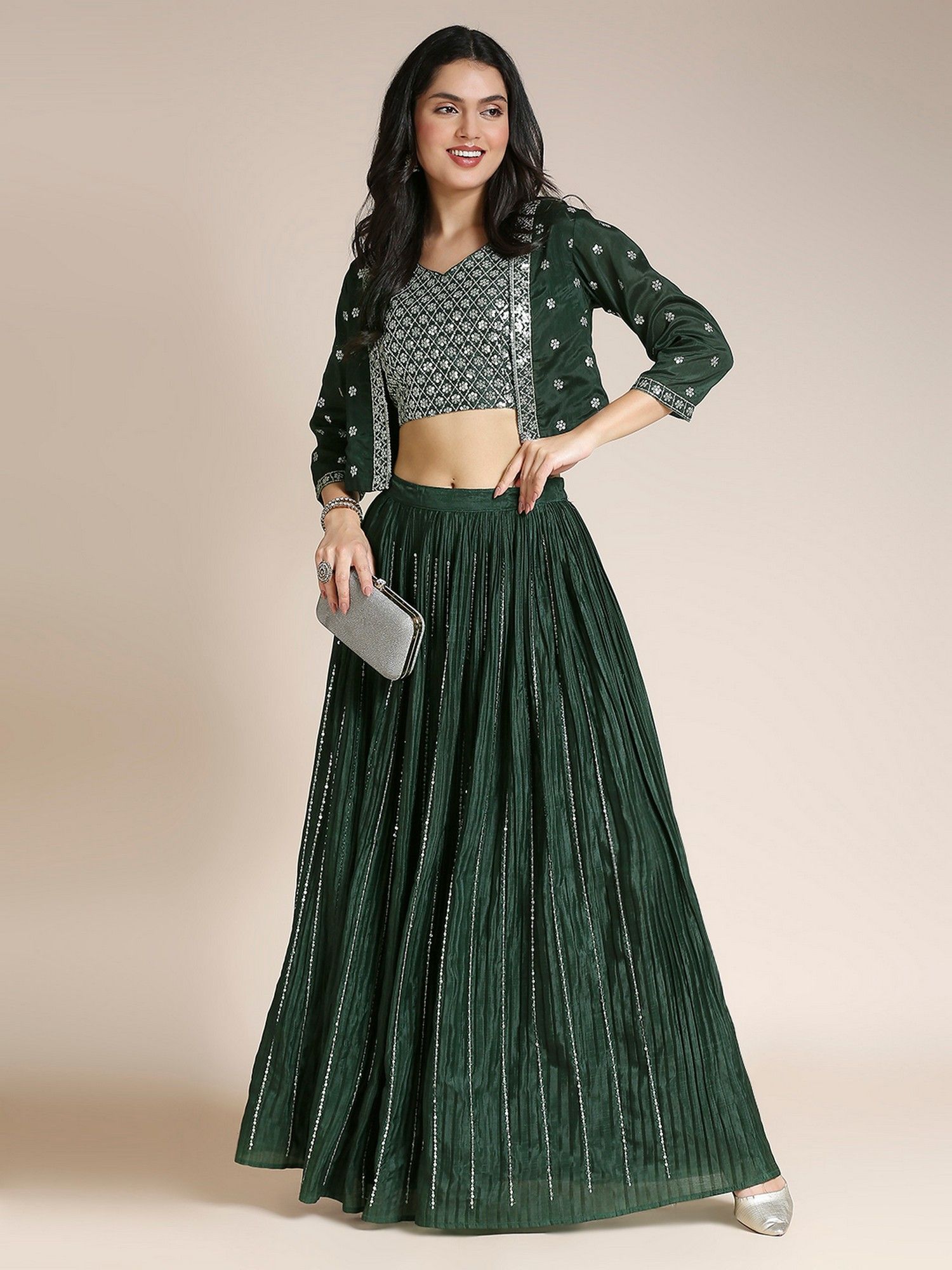 Embroidered Green Lehenga With Choli And Jacket-image-31