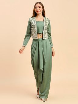 MADHURAM - Solid Green Lehenga With Choli And Jacket
