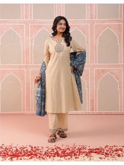 STUDIO MISRI - Women Beige Cotton Embroidered Kurta with Pant with Dupatta