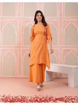 STUDIO MISRI - Women Orange Cotton Embroidered Kurta with Palazzo