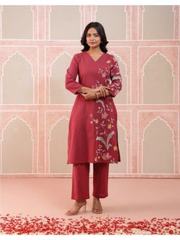 STUDIO MISRI - Women Maroon Cotton Embroidered Kurta with Pant
