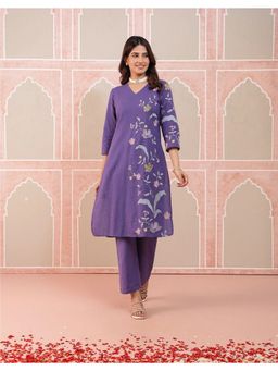 STUDIO MISRI - Women Purple Cotton Embroidered Kurta with Pant