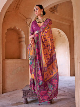 Elora - Kashmiri Jamewar Soft Silk Floral Print Mustard Saree With Unstitched Blouse