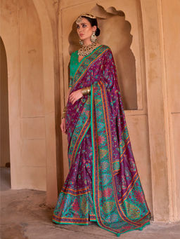 Elora - Kashmiri Jamewar Soft Silk Floral Print Purple Saree With Unstitched Blouse
