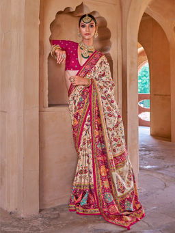 Elora - Kashmiri Jamewar Soft Silk Floral Off White Saree With Unstitched Blouse