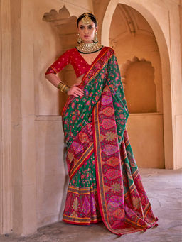 Elora - Kashmiri Jamewar Soft Silk Floral Print Green Saree With Unstitched Blouse