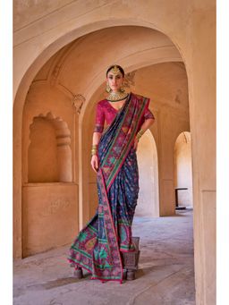 Elora - Kashmiri Jamewar Soft Silk Floral Navy Blue Saree With Unstitched Blouse