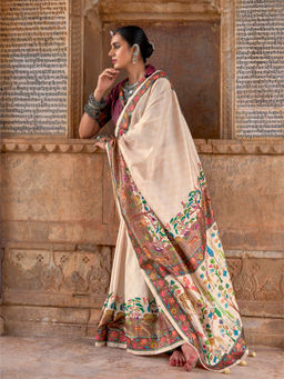 Elora - Soft Silk Madhubani Art Printed Off White Saree With Unstitched Blouse