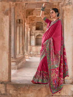 Elora - Soft Silk Madhubani Art Printed Pink Saree With Unstitched Blouse