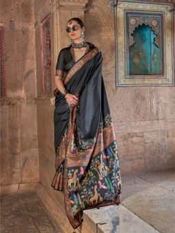 Elora - Soft Silk Madhubani Art Printed Black Saree With Unstitched Blouse