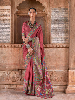 Elora - Soft Silk Madhubani Art Printed Brown Saree With Unstitched Blouse