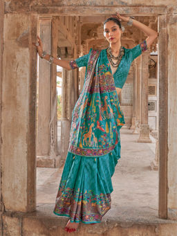 Elora - Soft Silk Madhubani Art Printed Turquoise Saree With Unstitched Blouse