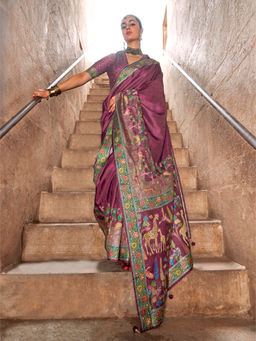 Elora - Soft Silk Madhubani Art Printed Wine Saree With Unstitched Blouse