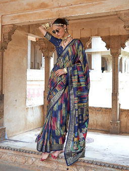 Elora - Soft Silk Woven Abstract Print Navy Blue Saree With Unstitched Blouse