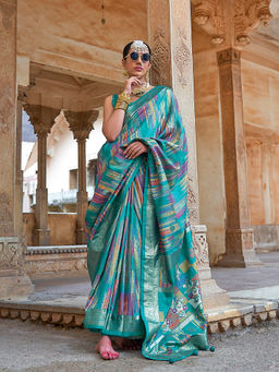 Elora - Soft Silk Woven Abstract Print Teal Saree With Unstitched Blouse