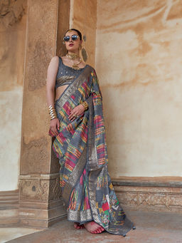 Elora - Soft Silk Woven Abstract Print Grey Saree With Unstitched Blouse