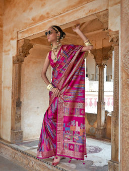 Elora - Soft Silk Woven Abstract Print Pink Saree With Unstitched Blouse