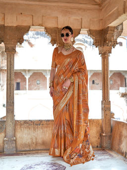 Elora - Soft Silk Woven Abstract Print Mustard Saree With Unstitched Blouse