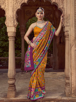Elora - Floral Jaal Print Mustard Saree With Unstitched Blouse