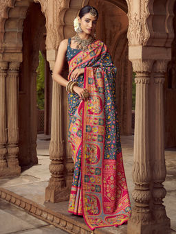 Elora - Floral Jaal Print Grey Saree With Unstitched Blouse