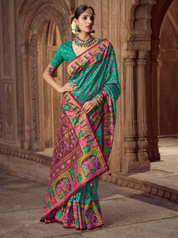 Elora - Floral Jaal Print Teal Saree With Unstitched Blouse