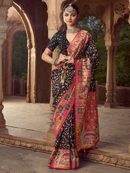 Elora - Floral Jaal Print Black Saree With Unstitched Blouse