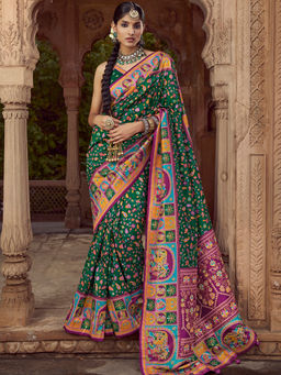 Elora - Floral Jaal Print Green Saree With Unstitched Blouse