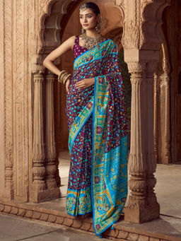 Elora - Floral Jaal Print Wine Saree With Unstitched Blouse
