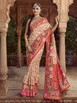 Elora - Floral Jaal Print Cream Saree With Unstitched Blouse