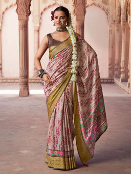 Elora - Soft Silk Zari Floral Print Beige Saree With Unstitched Blouse