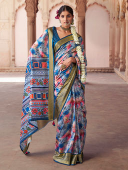 Elora - Soft Silk Zari Floral Print Blue Saree With Unstitched Blouse