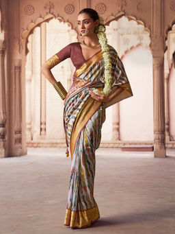 Elora - Soft Silk Zari Abstract Print Off White Saree With Unstitched Blouse