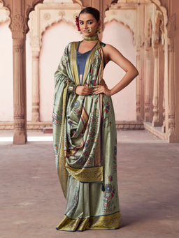 Elora - Soft Silk Zari Floral Print Green Saree With Unstitched Blouse