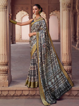 Elora - Soft Silk Zari Geometric Print Grey Saree With Unstitched Blouse