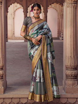 Elora - Soft Silk Zari Geometric Print Grey Saree With Unstitched Blouse