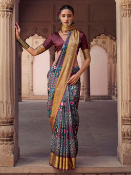 Elora - Soft Silk Zari Floral Print Grey Saree With Unstitched Blouse