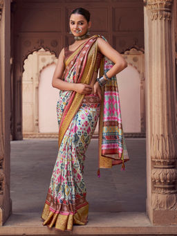 Elora - Soft Silk Zari Abstract Print Off White Saree With Unstitched Blouse