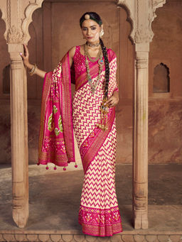Elora - Soft Silk Ikat Printed Cream Saree With Unstitched Blouse